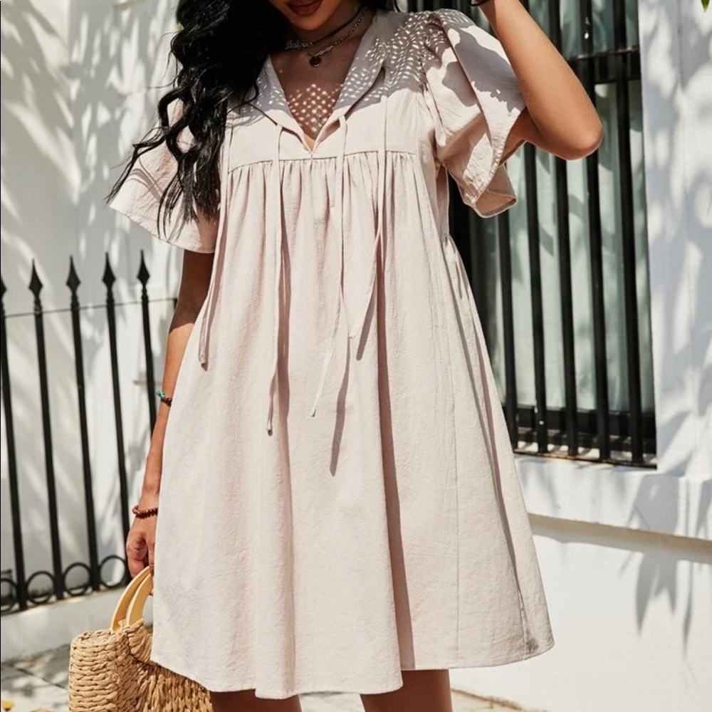 Tie Neck Flounce Sleeve Smock Dress
